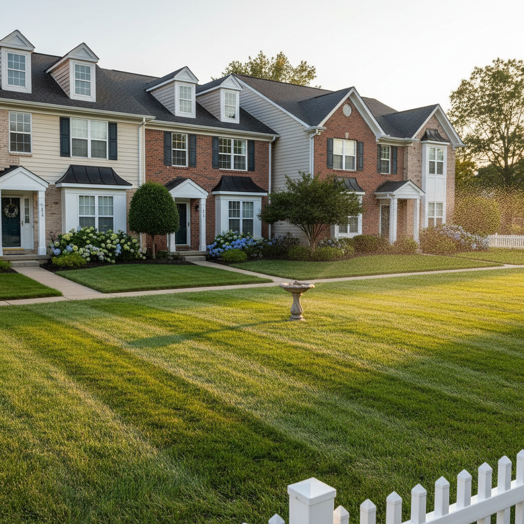 Row of suburban townhouses with neatly trimmed green lawns and shrubs